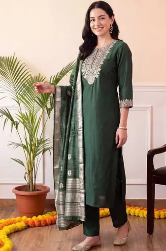 women ethnic motifs embroidered regular thread work liva kurta with trousers & with dupatta