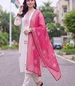 women ethnic motifs embroidered regular thread work cotton kurta with trousers & with dupatta