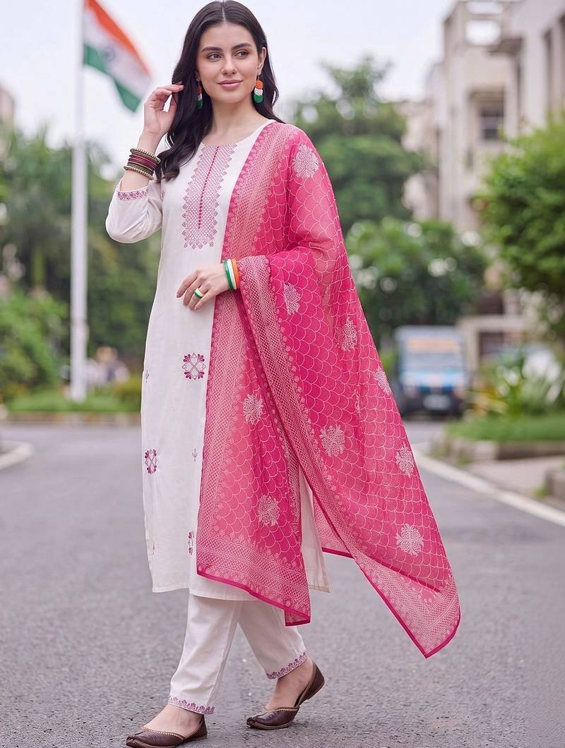 women ethnic motifs embroidered regular thread work cotton kurta with trousers & with dupatta