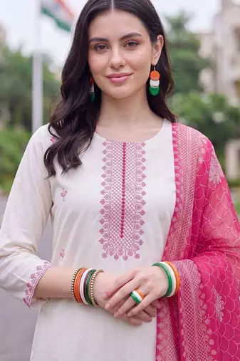 women ethnic motifs embroidered regular thread work cotton kurta with trousers & with dupatta