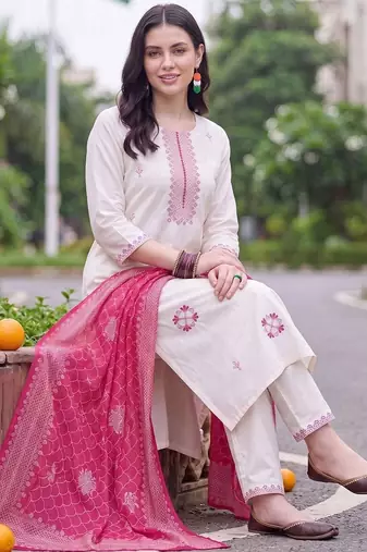 women ethnic motifs embroidered regular thread work cotton kurta with trousers & with dupatta