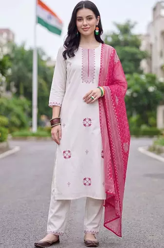 women ethnic motifs embroidered regular thread work cotton kurta with trousers & with dupatta