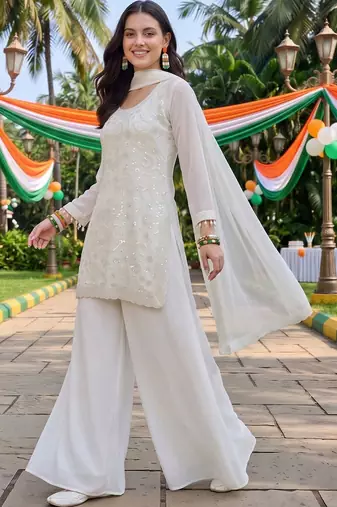 women embroidered regular sequinned kurta with palazzos & with dupatta
