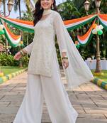 women embroidered regular sequinned kurta with palazzos & with dupatta