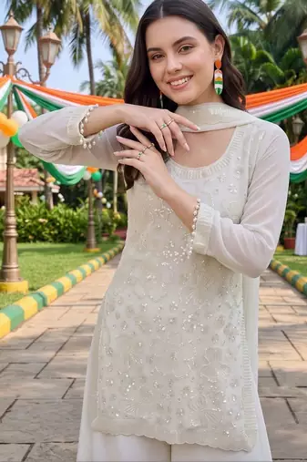 women embroidered regular sequinned kurta with palazzos & with dupatta
