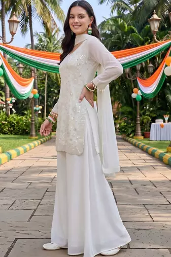 women embroidered regular sequinned kurta with palazzos & with dupatta