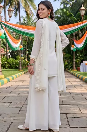 women embroidered regular sequinned kurta with palazzos & with dupatta