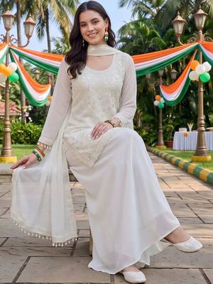 women embroidered regular sequinned kurta with palazzos & with dupatta 5