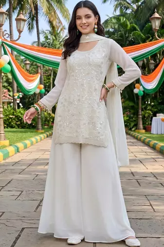 women embroidered regular sequinned kurta with palazzos & with dupatta