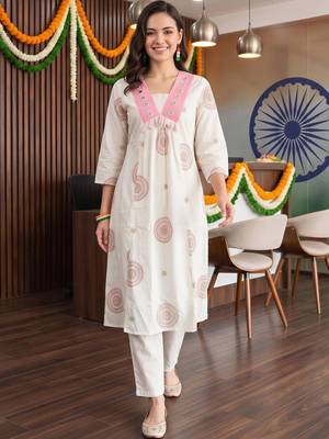 women ethnic motifs printed empire mirror work cotton kurta with trousers 1