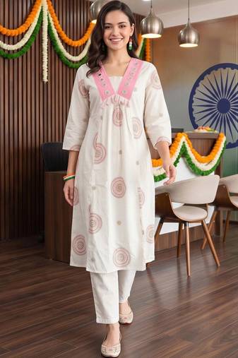 women ethnic motifs printed empire mirror work cotton kurta with trousers