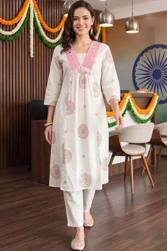 women ethnic motifs printed empire mirror work cotton kurta with trousers