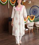 women ethnic motifs printed empire mirror work cotton kurta with trousers