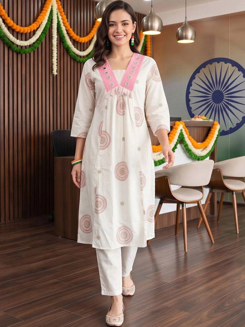 women ethnic motifs printed empire mirror work cotton kurta with trousers