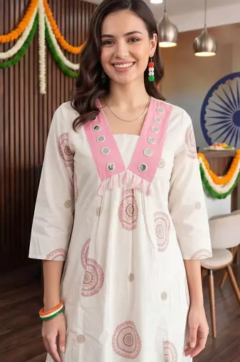 women ethnic motifs printed empire mirror work cotton kurta with trousers