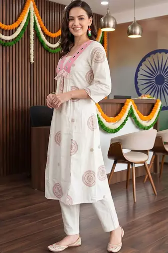women ethnic motifs printed empire mirror work cotton kurta with trousers
