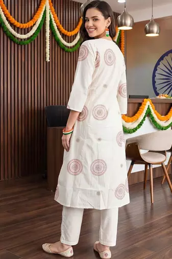 women ethnic motifs printed empire mirror work cotton kurta with trousers