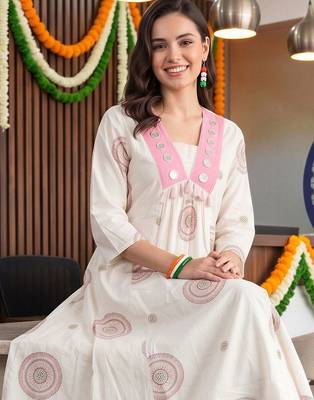 women ethnic motifs printed empire mirror work cotton kurta with trousers 5
