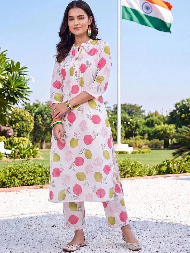 women printed regular cotton kurta with trousers