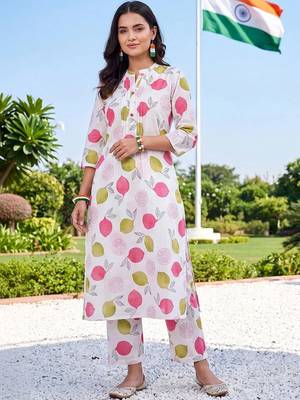 women printed regular cotton kurta with trousers 6