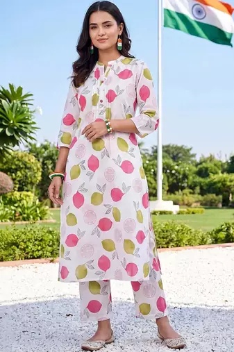 women printed regular cotton kurta with trousers