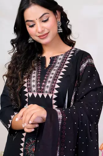 women ethnic motifs printed regular cotton kurta with trousers & with dupatta