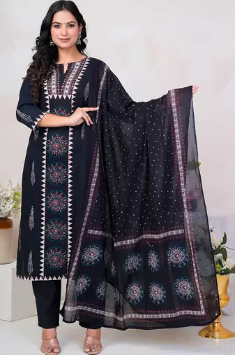 women ethnic motifs printed regular cotton kurta with trousers & with dupatta