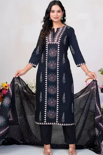 women ethnic motifs printed regular cotton kurta with trousers & with dupatta