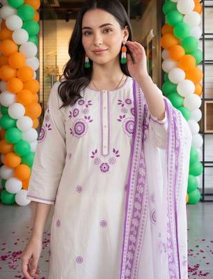 women ethnic motifs embroidered regular thread work cotton kurta with trousers & with dupatta 2