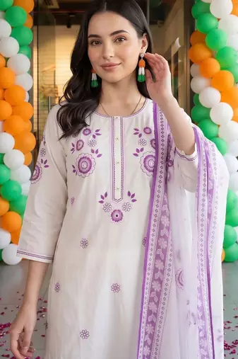 women ethnic motifs embroidered regular thread work cotton kurta with trousers & with dupatta