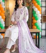 women ethnic motifs embroidered regular thread work cotton kurta with trousers & with dupatta