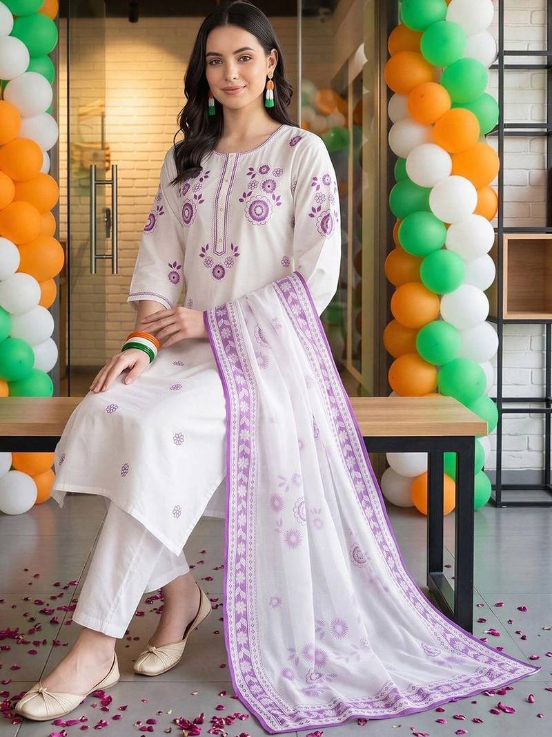 women ethnic motifs embroidered regular thread work cotton kurta with trousers & with dupatta