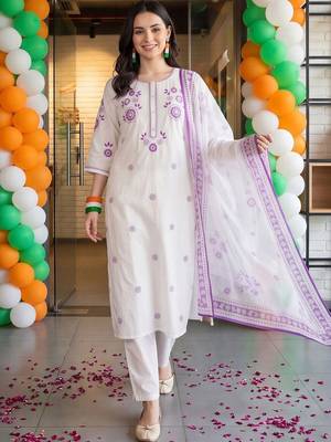 women ethnic motifs embroidered regular thread work cotton kurta with trousers & with dupatta 4