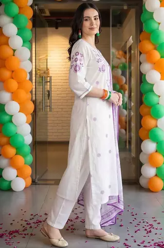 women ethnic motifs embroidered regular thread work cotton kurta with trousers & with dupatta