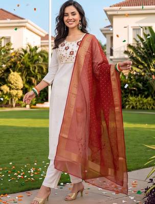 women ethnic motifs embroidered regular thread work kurta with trousers & with dupatta 1