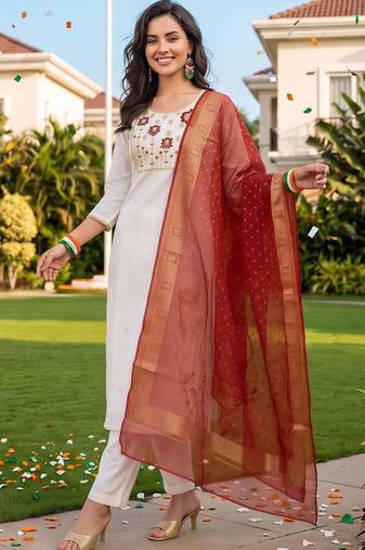 women ethnic motifs embroidered regular thread work kurta with trousers & with dupatta