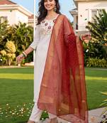 women ethnic motifs embroidered regular thread work kurta with trousers & with dupatta