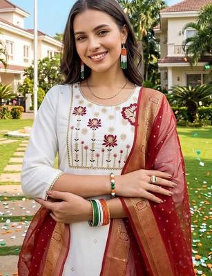 women ethnic motifs embroidered regular thread work kurta with trousers & with dupatta 2