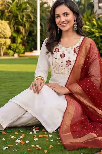 women ethnic motifs embroidered regular thread work kurta with trousers & with dupatta