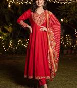 women ethnic motifs regular thread work kurta with trousers & with dupatta