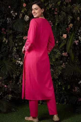 women ethnic motifs embroidered regular thread work kurta with trousers