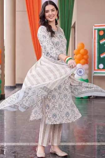 women ethnic motifs printed regular cotton kurta with trousers & with dupatta
