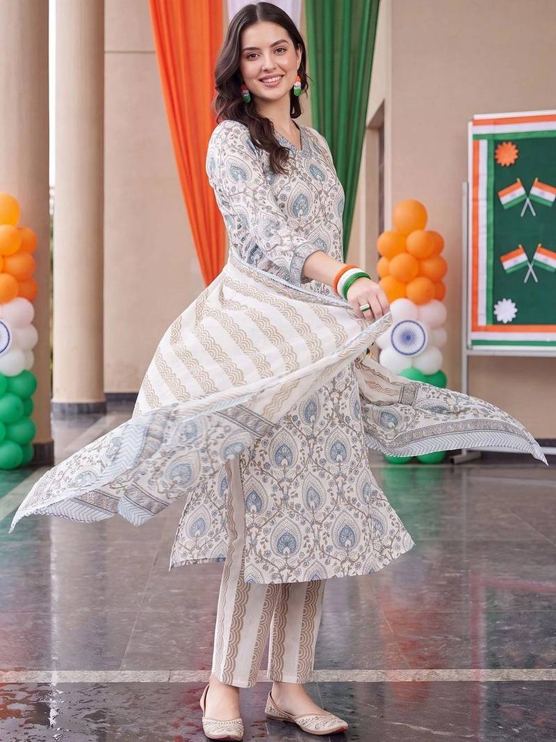 women ethnic motifs printed regular cotton kurta with trousers & with dupatta