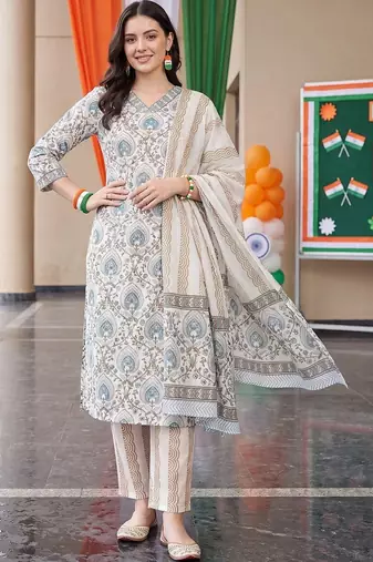 women ethnic motifs printed regular cotton kurta with trousers & with dupatta
