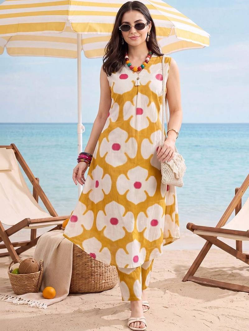 women floral printed regular cotton kurta with trousers