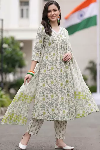 women floral printed regular cotton kurta with trousers & with dupatta