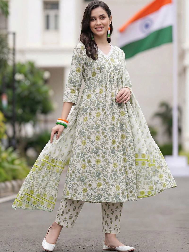 women floral printed regular cotton kurta with trousers & with dupatta