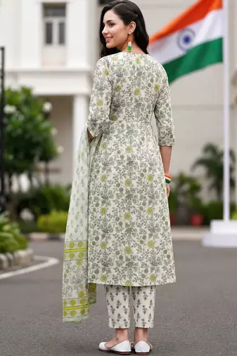 women floral printed regular cotton kurta with trousers & with dupatta