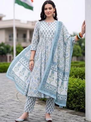 women floral printed empire cotton kurta with trousers & with dupatta 1