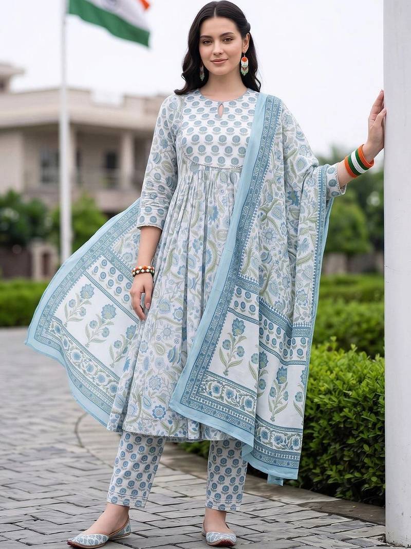 women floral printed empire cotton kurta with trousers & with dupatta